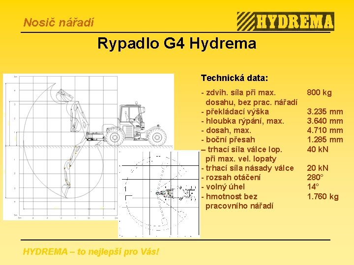 Nosič nářadí Rypadlo G 4 Hydrema Technická data: - zdvih. síla při max. dosahu,