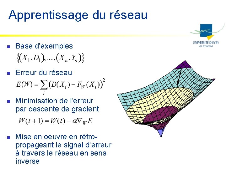 Apprentissage du réseau n Base d’exemples n Erreur du réseau n n Minimisation de