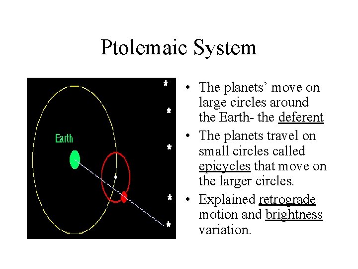 Ptolemaic System • The planets’ move on large circles around the Earth- the deferent