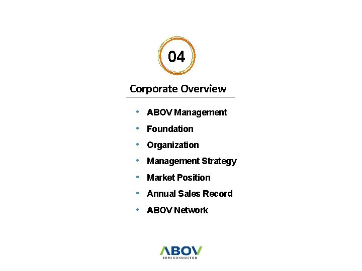 04 Corporate Overview • • ABOV Management Foundation Organization Management Strategy Market Position Annual