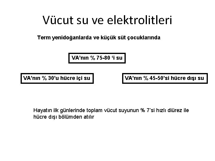 Vücut su ve elektrolitleri Term yenidoğanlarda ve küçük süt çocuklarında VA’nın % 75 -80