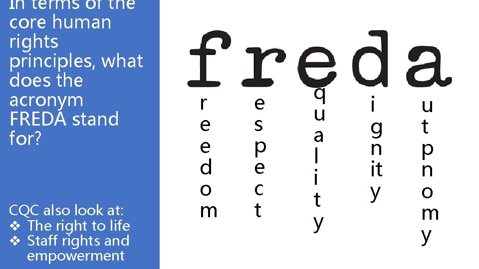 In terms of the core human rights principles, what does the acronym FREDA stand