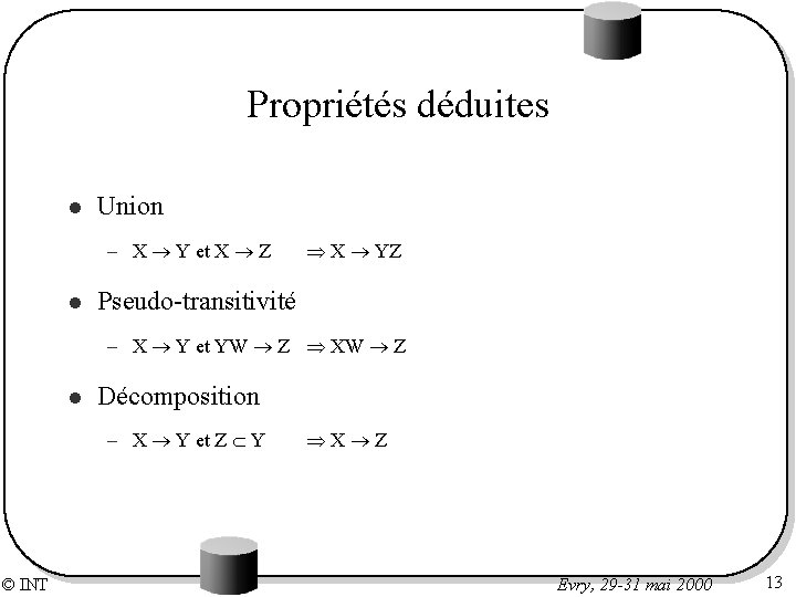 Propriétés déduites l Union – X Y et X Z l X YZ Pseudo-transitivité