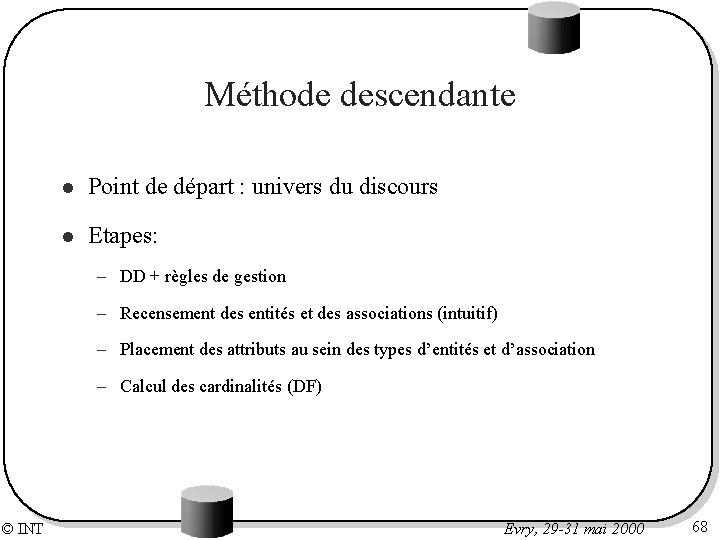 Méthode descendante l Point de départ : univers du discours l Etapes: – DD