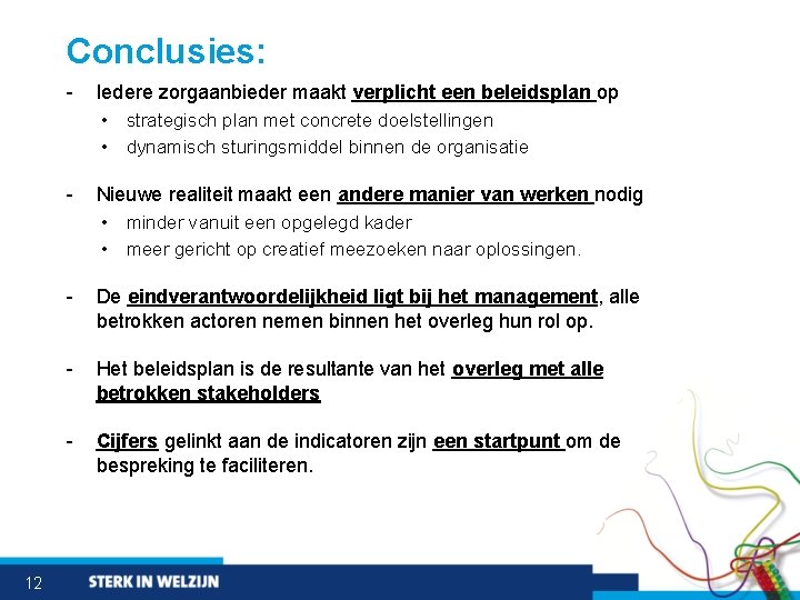 Conclusies: 12 - Iedere zorgaanbieder maakt verplicht een beleidsplan op • strategisch plan met