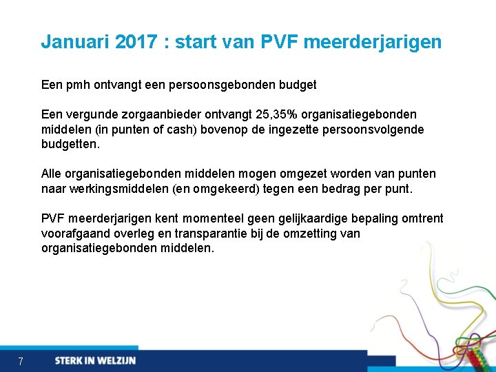 Januari 2017 : start van PVF meerderjarigen Een pmh ontvangt een persoonsgebonden budget Een