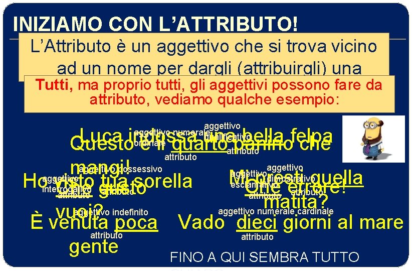 INIZIAMO CON L’ATTRIBUTO! L’Attributo è un aggettivo che si trova vicino ad un nome
