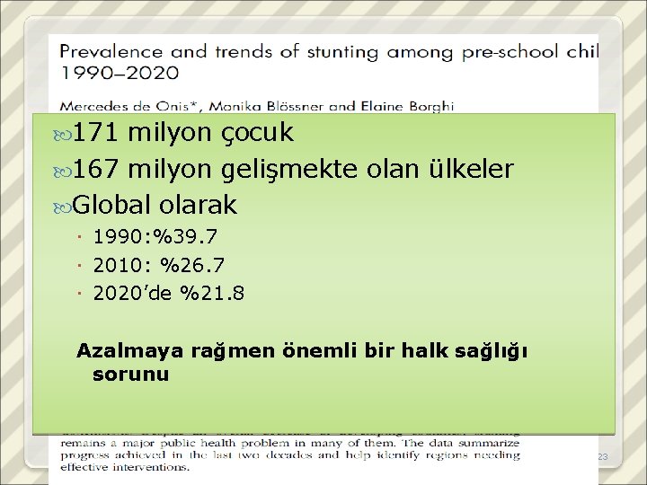  171 milyon çocuk 167 milyon gelişmekte olan ülkeler Global olarak 1990: %39. 7