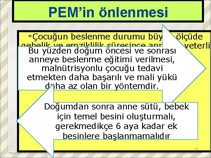 PEM’in önlenmesi *Çocuğun beslenme durumu büyük ölçüde gebelik ve emziklilik süresince annenin yeterli Bu
