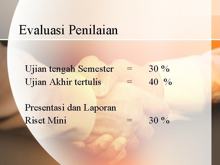 Evaluasi Penilaian Ujian tengah Semester Ujian Akhir tertulis = = 30 % 40 %