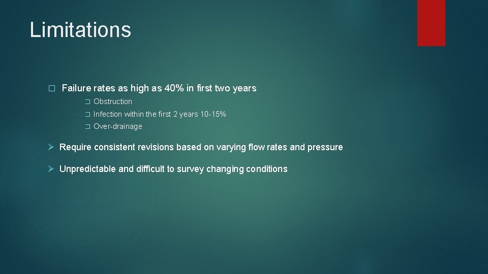 Limitations � Failure rates as high as 40% in first two years � Obstruction