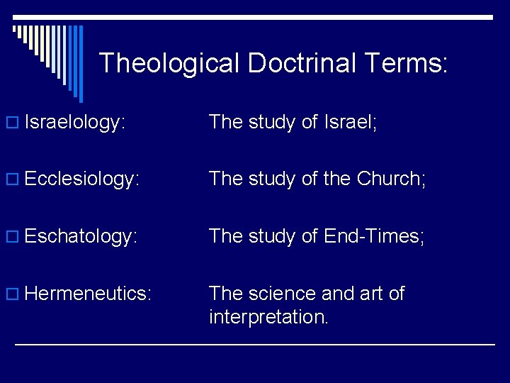 Theological Doctrinal Terms: o Israelology: The study of Israel; o Ecclesiology: The study of