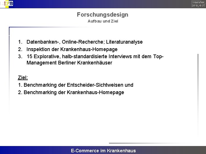 Forschungsdesign Aufbau und Ziel 1. Datenbanken-, Online-Recherche; Literaturanalyse 2. Inspektion der Krankenhaus-Homepage 3. 15