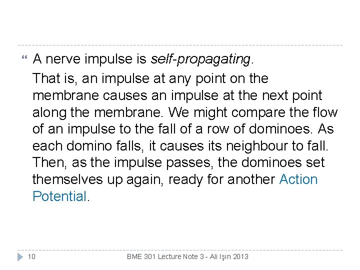  A nerve impulse is self-propagating. That is, an impulse at any point on