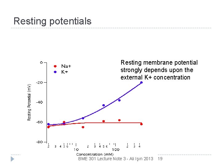 Resting potentials Resting membrane potential strongly depends upon the external K+ concentration BME 301
