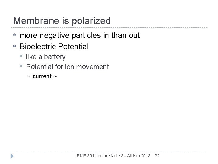 Membrane is polarized more negative particles in than out Bioelectric Potential like a battery