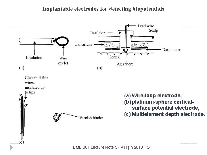 Implantable electrodes for detecting biopotentials (a) Wire-loop electrode, (b) platinum-sphere corticalsurface potential electrode, (c)