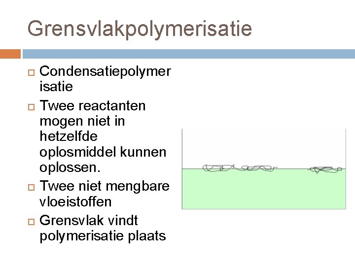 Grensvlakpolymerisatie Condensatiepolymer isatie Twee reactanten mogen niet in hetzelfde oplosmiddel kunnen oplossen. Twee niet Grensvlakpolymerisatie Condensatiepolymer isatie Twee reactanten mogen niet in hetzelfde oplosmiddel kunnen oplossen. Twee niet