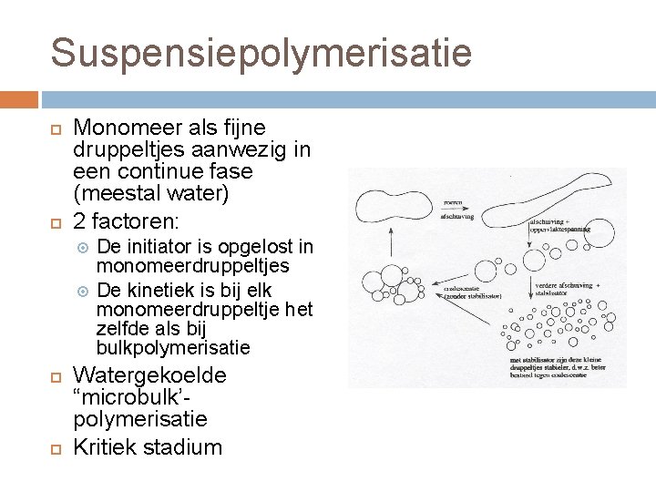 Suspensiepolymerisatie Monomeer als fijne druppeltjes aanwezig in een continue fase (meestal water) 2 factoren: Suspensiepolymerisatie Monomeer als fijne druppeltjes aanwezig in een continue fase (meestal water) 2 factoren: