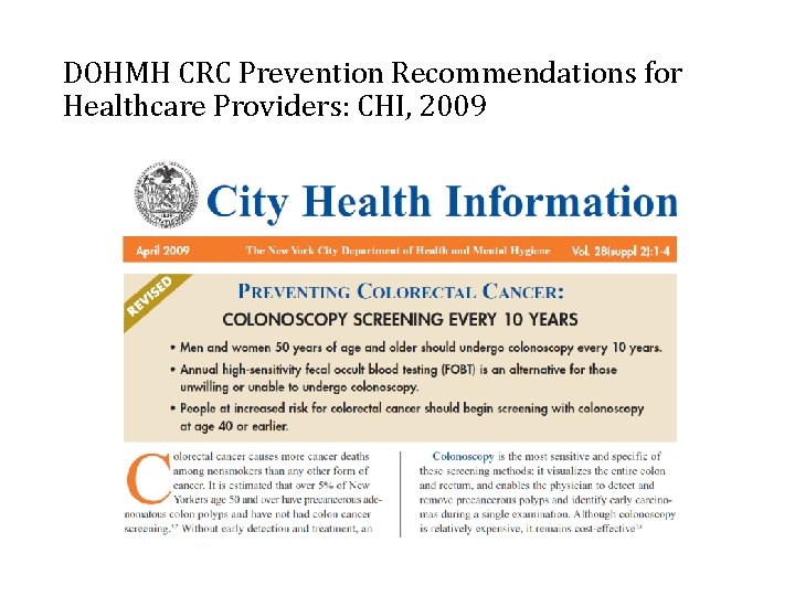 DOHMH CRC Prevention Recommendations for Healthcare Providers: CHI, 2009 