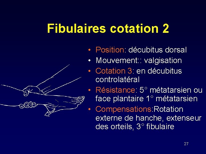 Fibulaires cotation 2 • Position: décubitus dorsal • Mouvement: : valgisation • Cotation 3: