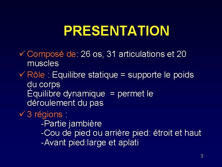 PRESENTATION ü Composé de: 26 os, 31 articulations et 20 muscles ü Rôle :