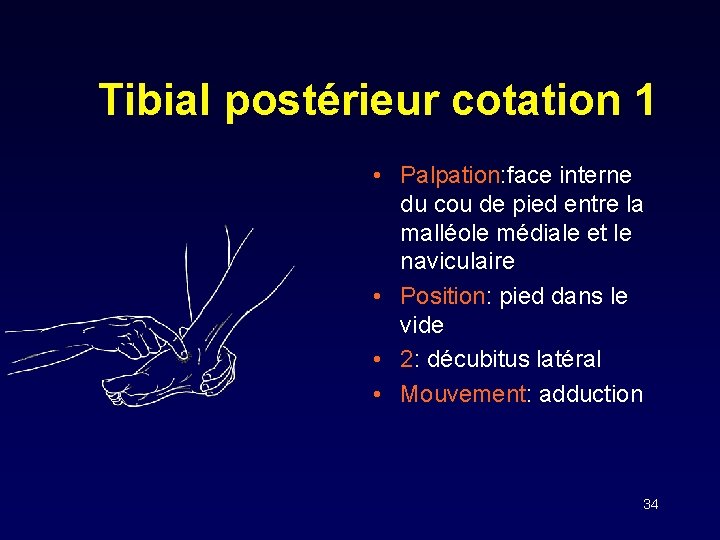 Tibial postérieur cotation 1 • Palpation: face interne du cou de pied entre la