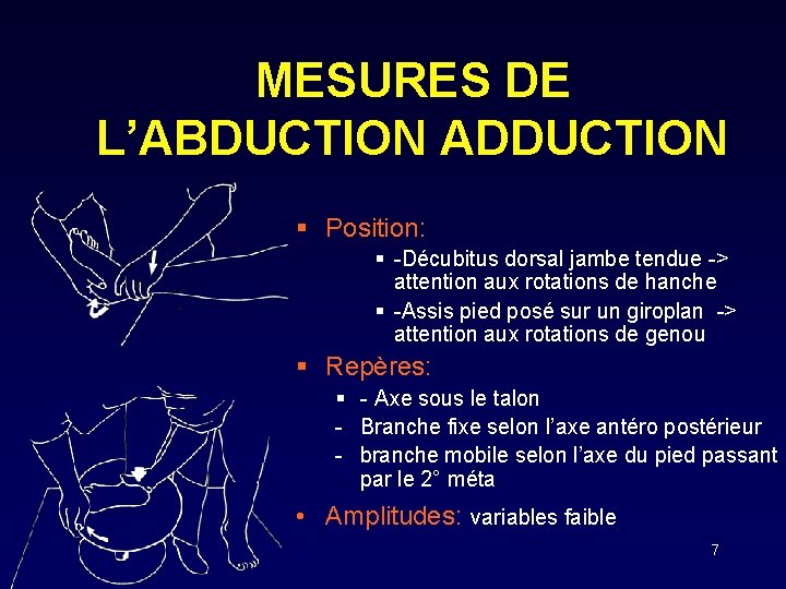 MESURES DE L’ABDUCTION ADDUCTION § Position: § -Décubitus dorsal jambe tendue -> attention aux