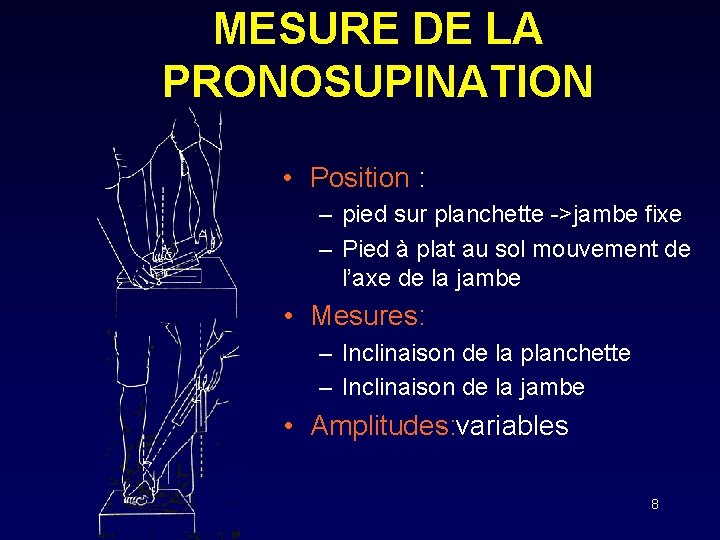 MESURE DE LA PRONOSUPINATION • Position : – pied sur planchette ->jambe fixe –