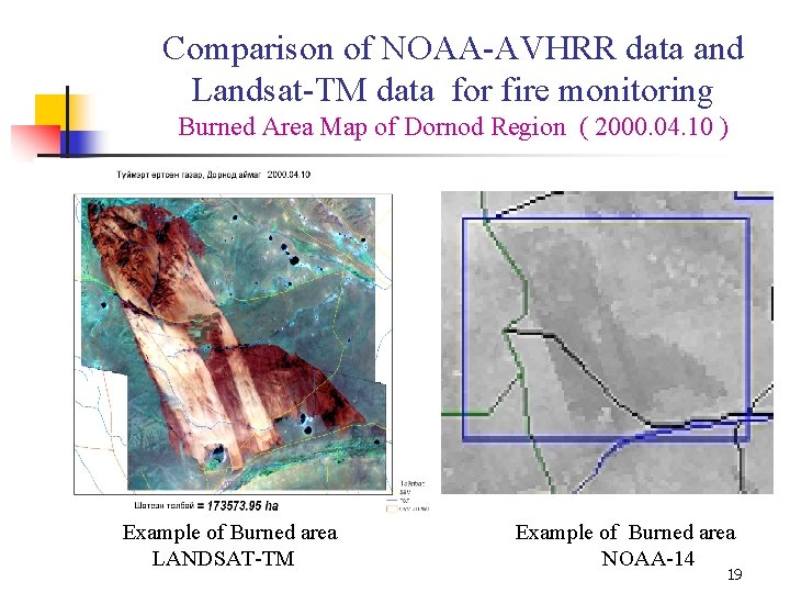 Comparison of NOAA-AVHRR data and Landsat-TM data for fire monitoring Burned Area Map of