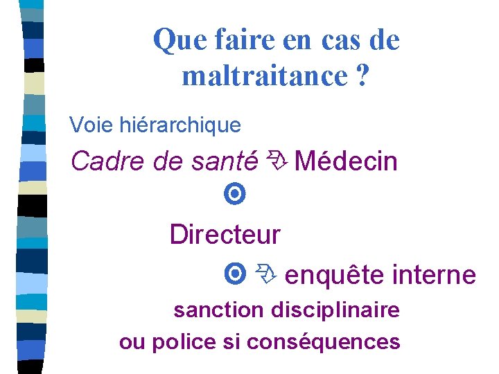 Que faire en cas de maltraitance ? Voie hiérarchique Cadre de santé Médecin Directeur