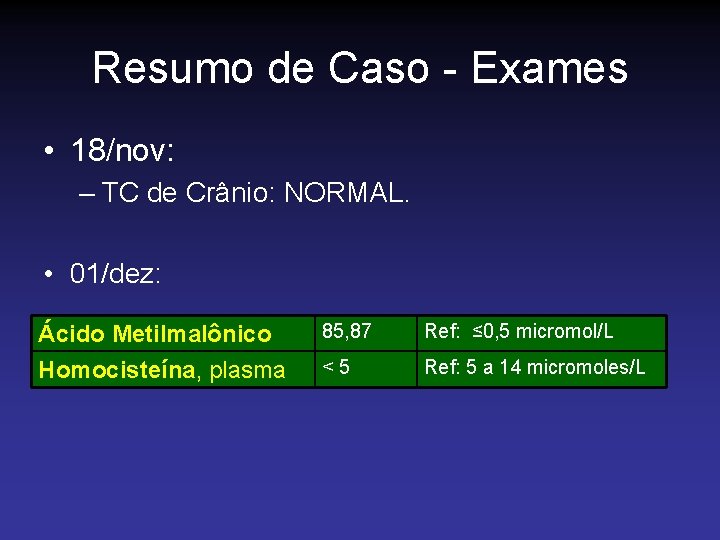 Resumo de Caso - Exames • 18/nov: – TC de Crânio: NORMAL. • 01/dez: