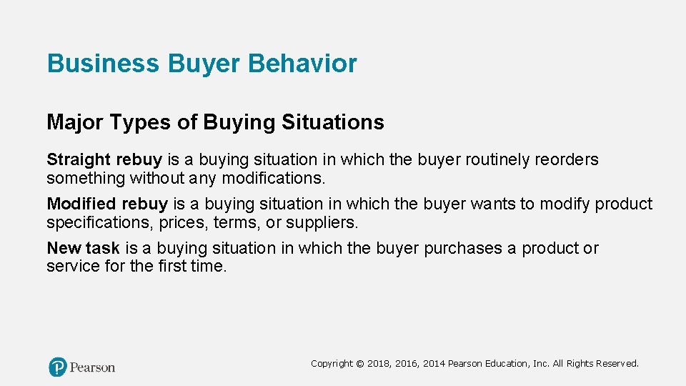 Business Buyer Behavior Major Types of Buying Situations Straight rebuy is a buying situation