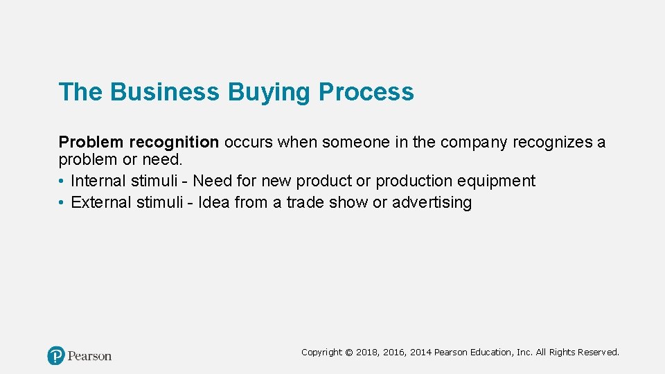 The Business Buying Process Problem recognition occurs when someone in the company recognizes a