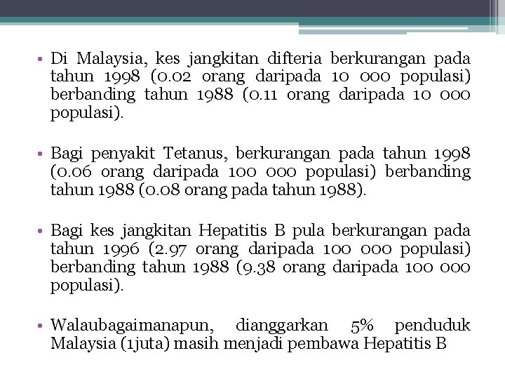  • Di Malaysia, kes jangkitan difteria berkurangan pada tahun 1998 (0. 02 orang