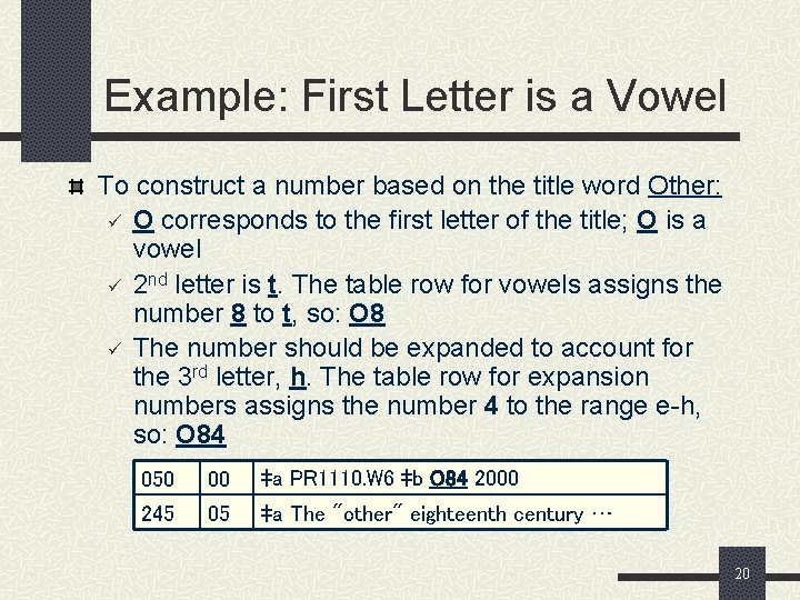 Example: First Letter is a Vowel To construct a number based on the title