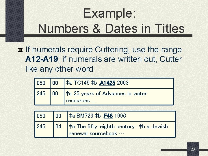 Example: Numbers & Dates in Titles If numerals require Cuttering, use the range A