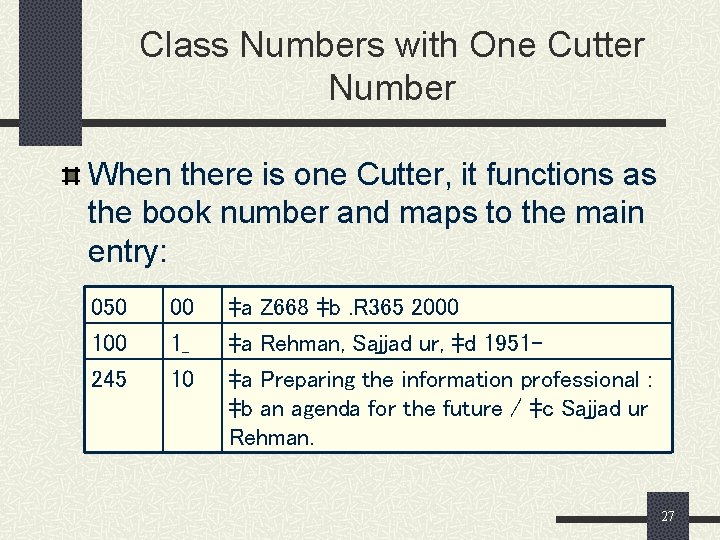 Class Numbers with One Cutter Number When there is one Cutter, it functions as
