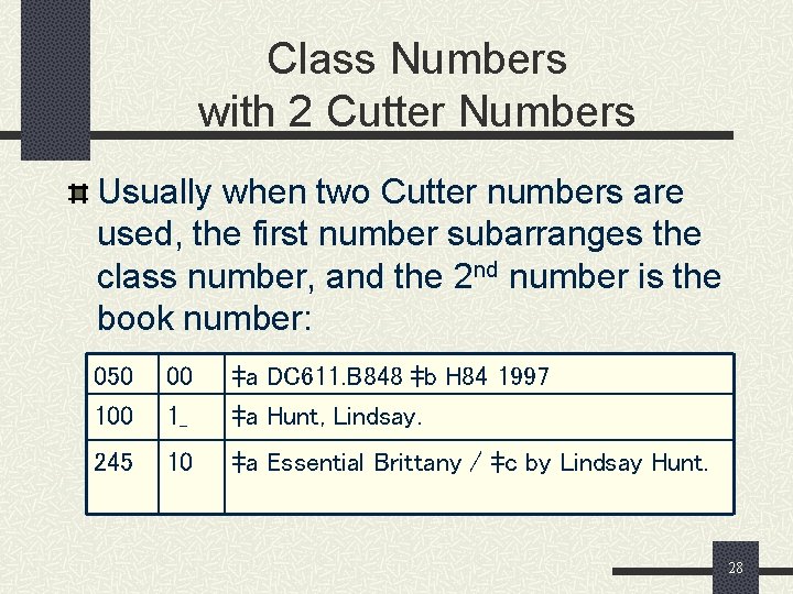 Class Numbers with 2 Cutter Numbers Usually when two Cutter numbers are used, the