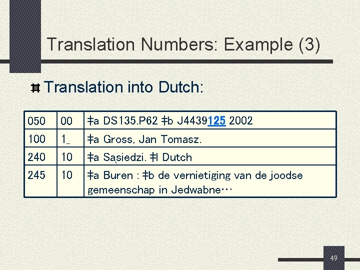 Translation Numbers: Example (3) Translation into Dutch: 050 100 245 00 1_ 10 10