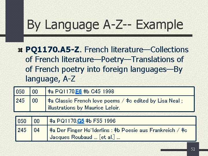 By Language A-Z-- Example PQ 1170. A 5 -Z. French literature—Collections of French literature—Poetry—Translations