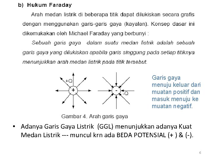 Garis gaya menuju keluar dari muatan positif dan masuk menuju ke muatan negatif. •