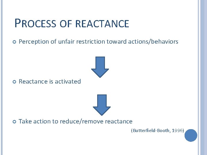 PROCESS OF REACTANCE Perception of unfair restriction toward actions/behaviors Reactance is activated Take action