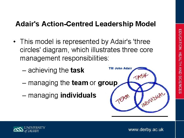 Adair's Action-Centred Leadership Model • This model is represented by Adair's 'three circles' diagram,