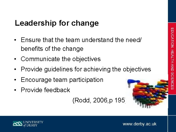 Leadership for change • Ensure that the team understand the need/ benefits of the