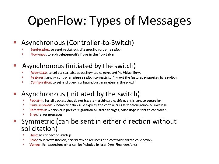Open. Flow: Types of Messages § Asynchronous (Controller-to-Switch) § § Send-packet: to send packet