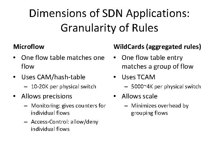 Dimensions of SDN Applications: Granularity of Rules Microflow Wild. Cards (aggregated rules) • One