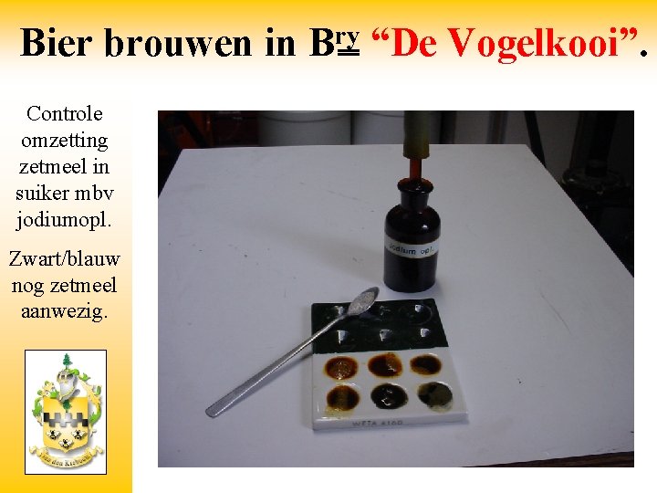 Bier brouwen in Controle omzetting zetmeel in suiker mbv jodiumopl. Zwart/blauw nog zetmeel aanwezig.