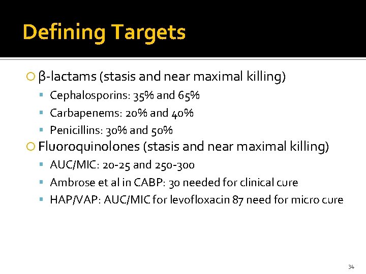 Defining Targets β-lactams (stasis and near maximal killing) Cephalosporins: 35% and 65% Carbapenems: 20%