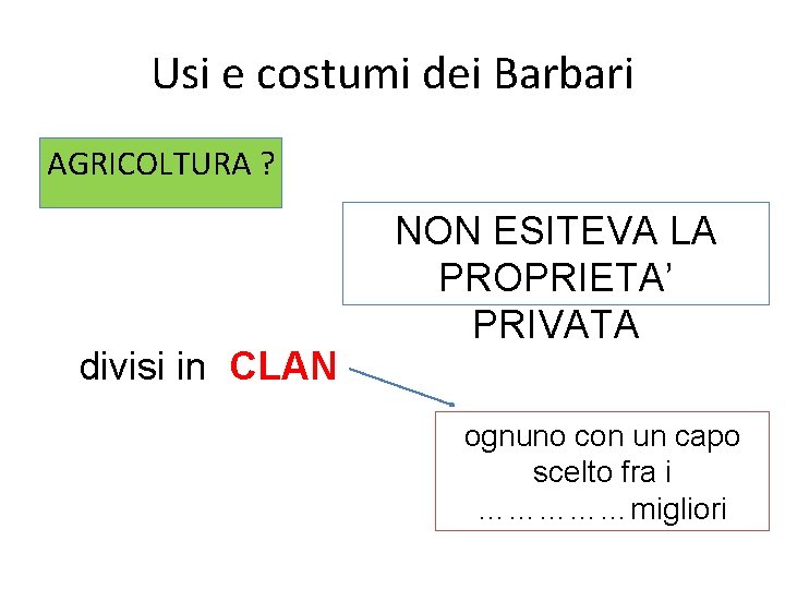 Usi e costumi dei Barbari AGRICOLTURA ? divisi in CLAN NON ESITEVA LA PROPRIETA’